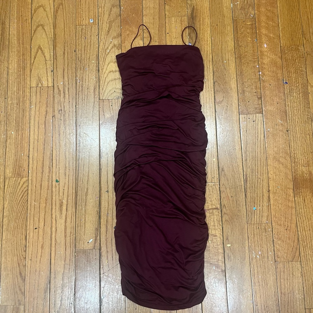 maxi maroon rouche dress